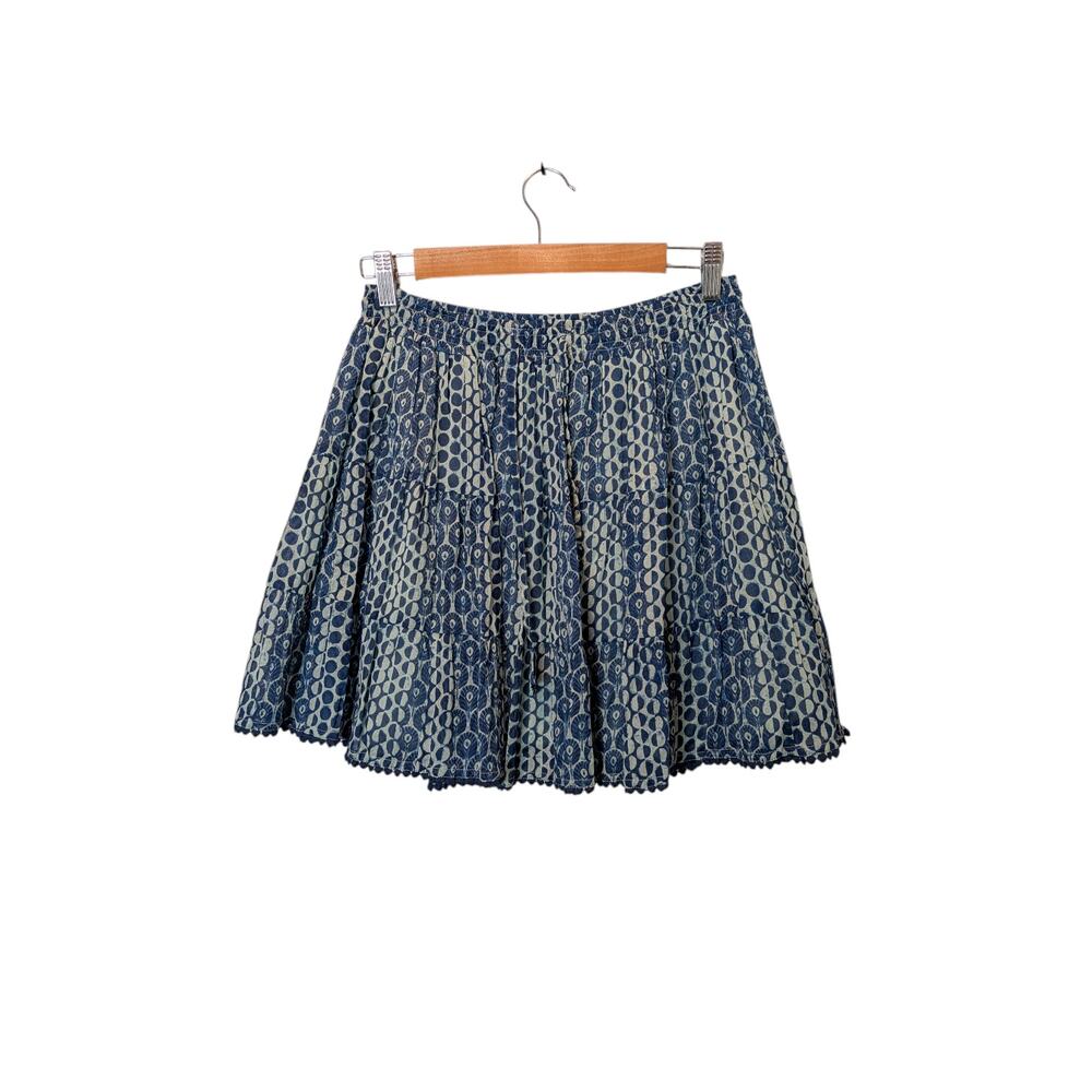 Vintage Ibiza Women's Sz M Blue Geometric Boho Mini Skirt Tiered Block Print